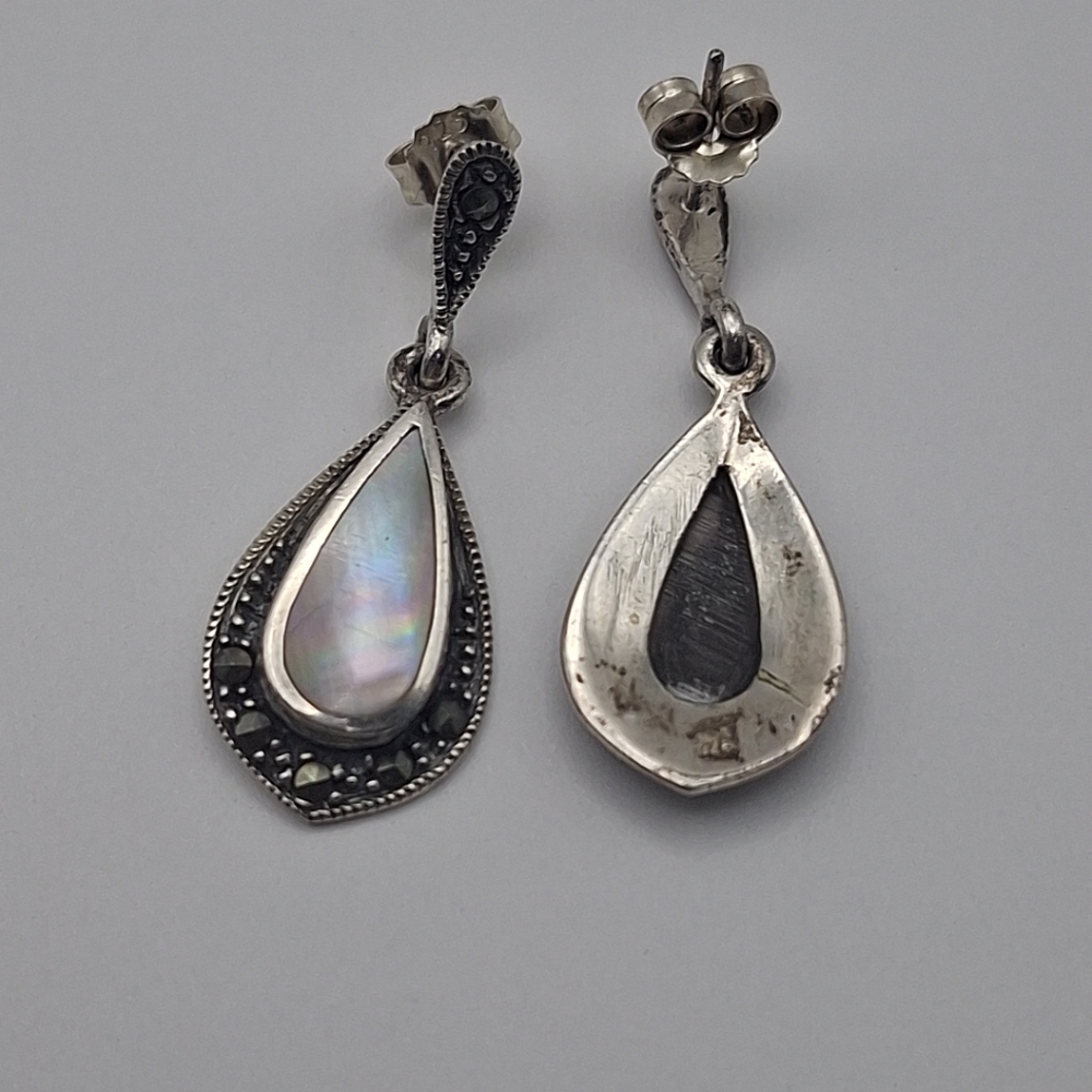 Vtg Sterling Silver 925 Abalone Marcasite Post Back Dangle Earrings 4.84g - Picture 6 of 8